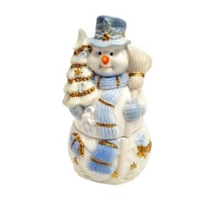 Vintage Snowman Holding Broom & Tree Wearing Blue Hat & Scarf Trinket Box